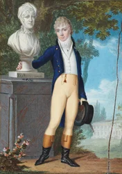 Alemán: Retrato de un joven caballero en traje de montar, en el parque de un castillo, de pie junto al busto de su madre con la inscripción "à la Reconnaissance" (en agradecimiento) - según la leyenda del reverso, se trata del joven de 14 años Franz de Pau