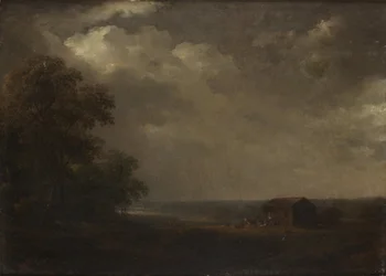 Paisaje con casas y ganado