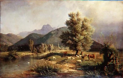 Paisaje montañoso y boscoso con caballos y ovejas