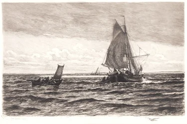 Barco pesquero y botes de remo