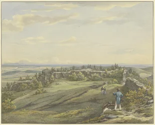 Patio del castillo en ruinas de Falkenstein con vista a la llanura del Meno, el Odenwald y las colinas del Rin