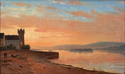 Amanecer en el Rin en Rüdesheim con la Torre del Águila