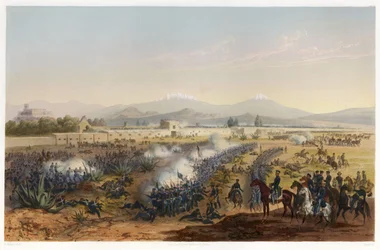 Molino del Rey - ataque al Molino, de La guerra entre Estados Unidos y México, pub. 1851 (litografía en color)