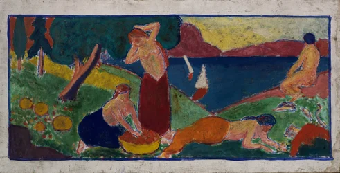 (Mujeres en paisaje con borde azul)