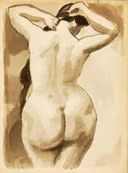 Desnudo femenino arreglándose el pelo, vista trasera