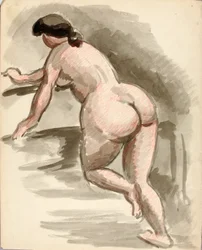 Mujer desnuda apoyada en la rodilla izquierda