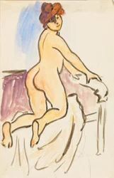 Mujer desnuda descansando de rodillas en la cama
