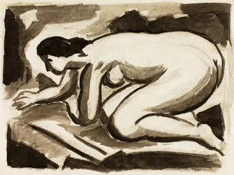 Mujer desnuda sobre manos y rodillas