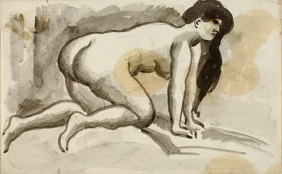 Mujer desnuda sobre manos y rodillas