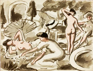 Grupo de mujeres desnudas y semidesnudas