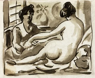 Desnudo femenino reclinado con acompañante
