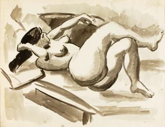 Desnudo femenino recostado con las piernas cruzadas