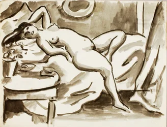Desnudo femenino reclinado con mesa