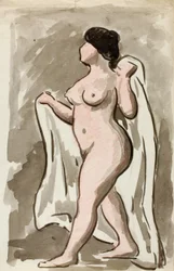 Desnudo femenino de pie con drapeado