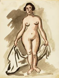 Desnudo femenino de pie con drapeado