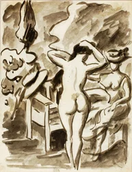 Dos figuras femeninas en un jardín