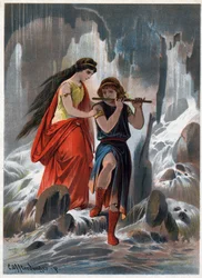 El príncipe Tamino y la princesa Pamina cruzaron sin miedo los troncos de agua que fluían y el príncipe siguió tocando la flauta. Ilustración de Carl Offterdinger (1829-1889) en «La flauta encantada». (Die Zauberflöte, flauto magico, The Magic Flute) Pri