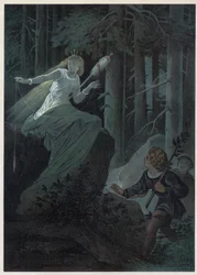 El hada huyendo con un huso dorado cantaba el destino de un botón dorado. Ilustración de Carl Offterdinger (1829-1889) en “Bouton d