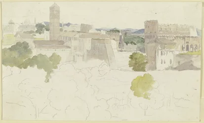 Vista de Roma con el Coliseo a la derecha, montañas a lo lejos