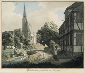 Casa parroquial e iglesia de Gronau en el año 1814