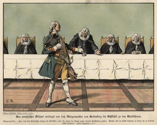 Un oficial prusiano exigiendo las llaves de la ciudad al alcalde de Gruneberg