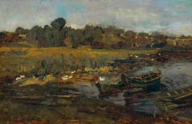 Paisaje de juncos en Schwielowsee con patos