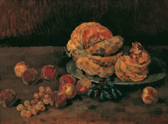 Bodegón con calabaza, melocotón y uvas