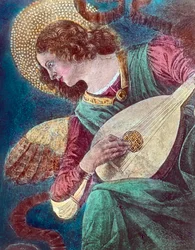 Ángel músico. Parte de un fresco del pintor renacentista italiano Melozzo da Forli, también conocido como Michelozzo degli Ambrogi (1438 - 1494), pintado hacia 1480. Fecha de la imagen: hacia 1900. Archivo Carl Simon
