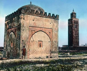 Marruecos, Santo sepulcro cerca de una mezquita, fecha de la imagen: hacia 1910. Archivo Carl Simon