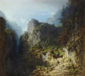 Paisaje montañoso con pareja de enamorados