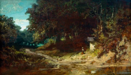 Niña rezando frente a una capilla en el bosque