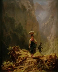 Dirndl y cazador en las montañas