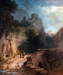 Paisaje montañoso con puente y castillo
