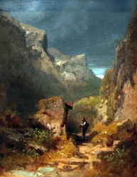Paisaje montañoso con crucifijo en una roca