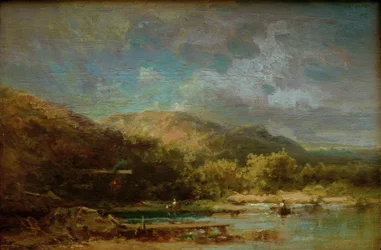 Cabaña junto al lago con figuras