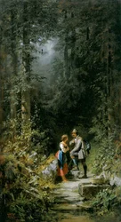 Cazador y pastora en la fuente del bosque