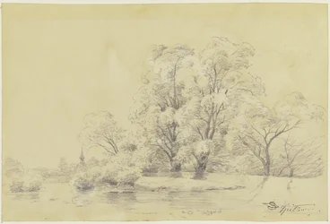 Paisaje con árboles junto al agua, a lo lejos la torre de una iglesia de pueblo