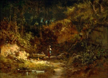 Niña en la fuente del bosque