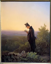 Leyendo el Breviario en la noche Un hombre leyendo la Biblia en un paisaje romántico.