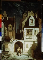 Un rincón de un pueblo alemán a la luz de la luna. Pintura de Carl Spitzweg (1808-1885). Acuarela sobre papel, 68,5 x 46,5 cm. Arte alemán del siglo XIX. Museo Pushkin de Bellas Artes, Moscú.