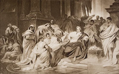 El asesinato de César, ilustración de «The Outline of History» de H. G. Wells, volumen I, publicado en 1920