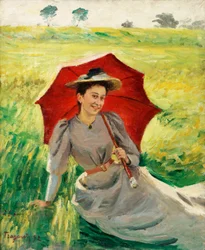 Dama con paraguas rojo