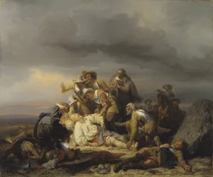 El descubrimiento del cuerpo del rey Gustavo II Adolfo de Suecia (1594-1632) conocido como el Grande o el León del Norte, muerto en la batalla de Lützen, el 6 de noviembre de 1632 - por Wahlbom, Carl