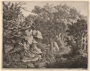 Paisaje con grandes hojas y tres sátiros
