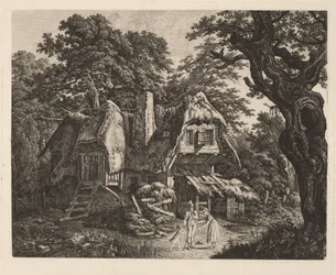 Cabaña de paja con paisaje y figuras