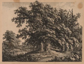 Paisaje y puente con tres figuras