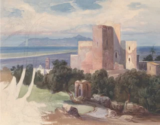 Vista en Terracina con el Monte Circeo recto..., mediados del siglo XIX