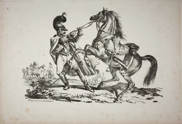 Coracero a pie sujetando su caballo encabritado