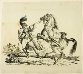 Coracero a pie sujetando su caballo encabritado