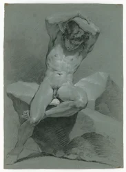Estudio de desnudo de un hombre sentado, con los brazos cruzados sobre la cabeza